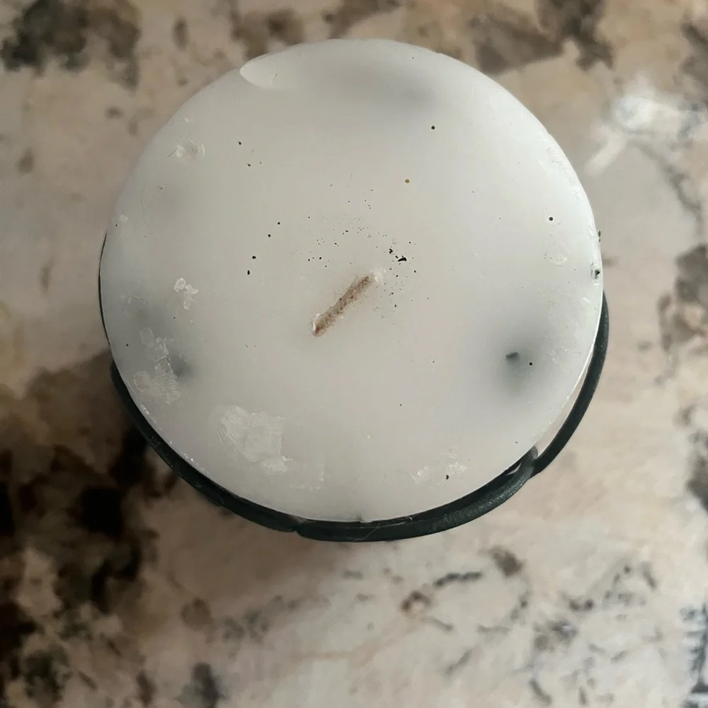 Decorative White Candle with Moose and greenery embedded & Green Leaf Holder.